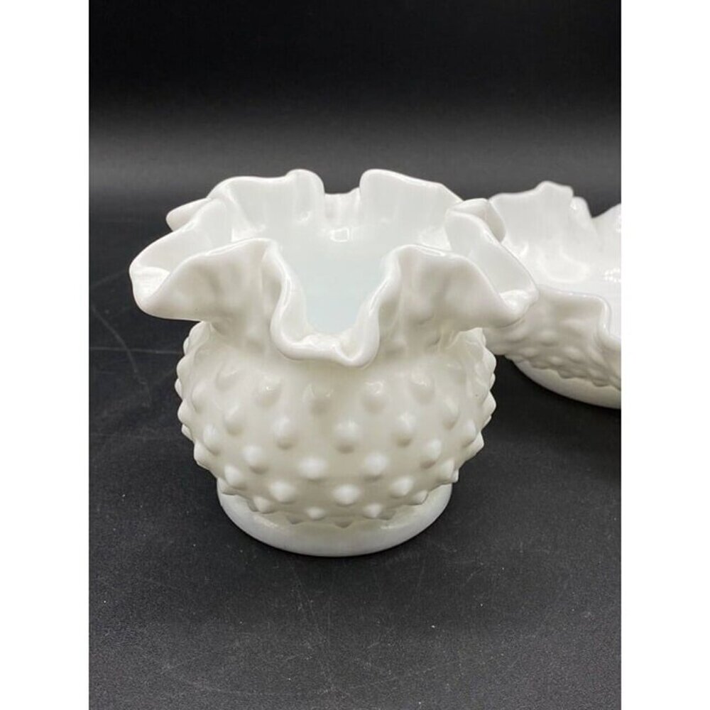 Fenton Milk Glass Hobnail Candy Bon Bon Dish Ruffled Bowl Vase Set Of 2 - Picture 8 of 12